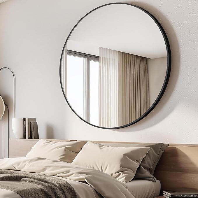 Black Round Mirror, 48 inch Large Circle Mirrors, Oversized Round Bathroom Mirrors, Aluminum Metal Frame Big Round Mirror, Huge Circluar Wall Mirror for Bathroom Living Room Entryway Bedroom