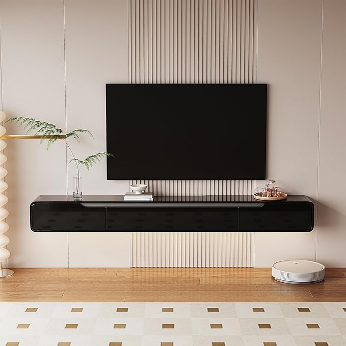 High Gloss Floating TV Stand with 3 Doors,55'' Wall Mounted TV Cabinet,Under TV Console,Floating Media Shelft for Bedroom Living Room(Black)