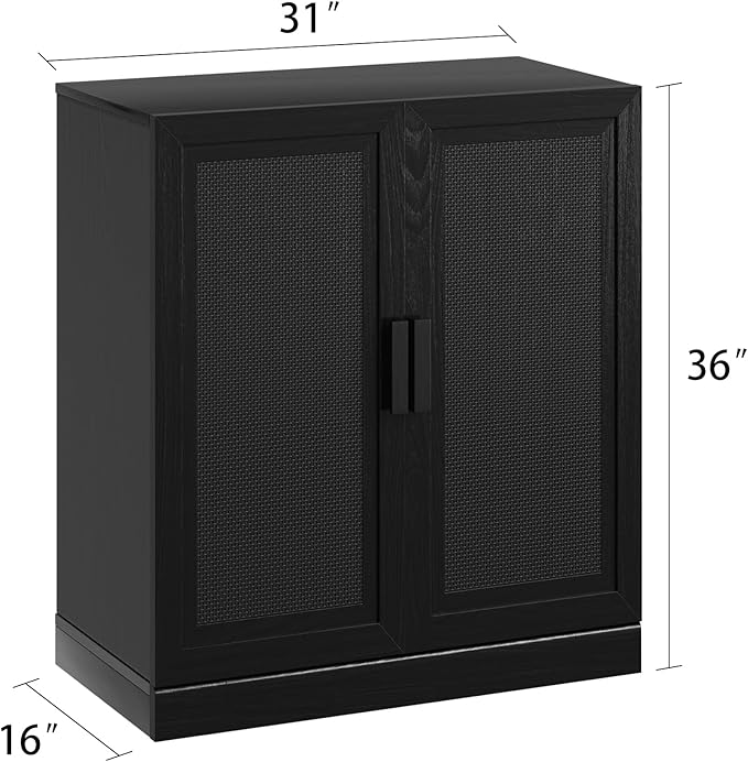Buffet Cabinet, 2-Doors Sideboard Cabinet with Rattan Panels, Buffet Console Accent Table for Hallway Entryway Dining Room, 36", Black