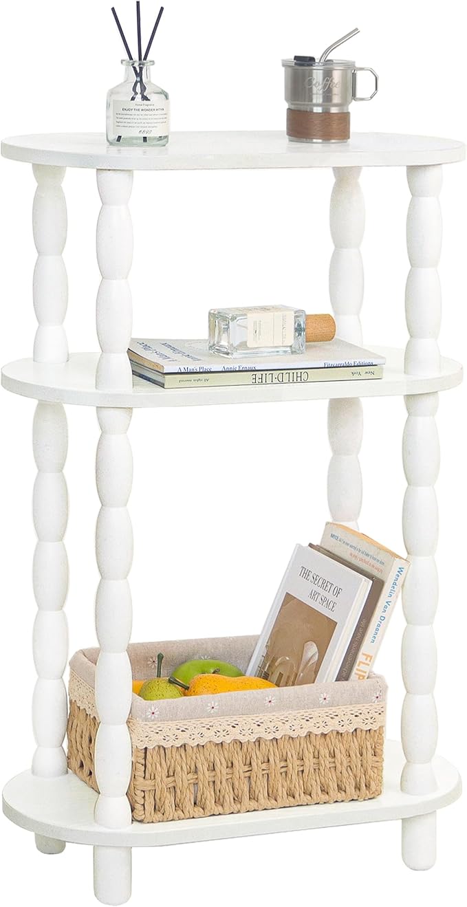 MaxSmeo Narrow Side Table, Small End Table with 3-Tier Open Shelf, Slim Bedside Table Nightstand for Small Spaces, Bedroom, Living Room (White)