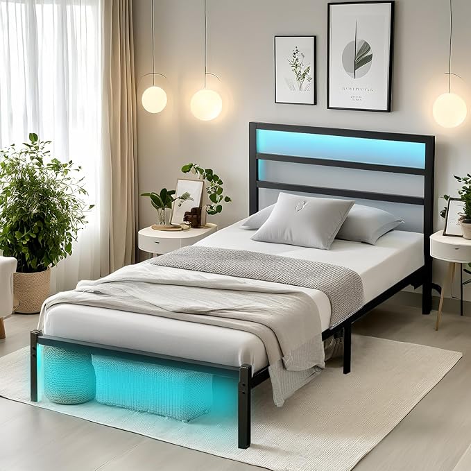 Twin Bed Frame with Headboard,Heavy Duty Steel Slats Support-LED Bed Frame with USB Charging Station,Mattress Foundation-Under Bed Storage,No Box Spring Needed,Noise Free，Black
