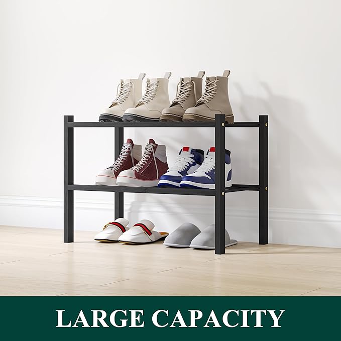 Smiry Shoe Rack, 2 Tier Small Bamboo Shoe Organizer, Stackable Free Standing Wooden Shoe Storage Shelf for Closet, Entryway, Front Door Entrance, Black