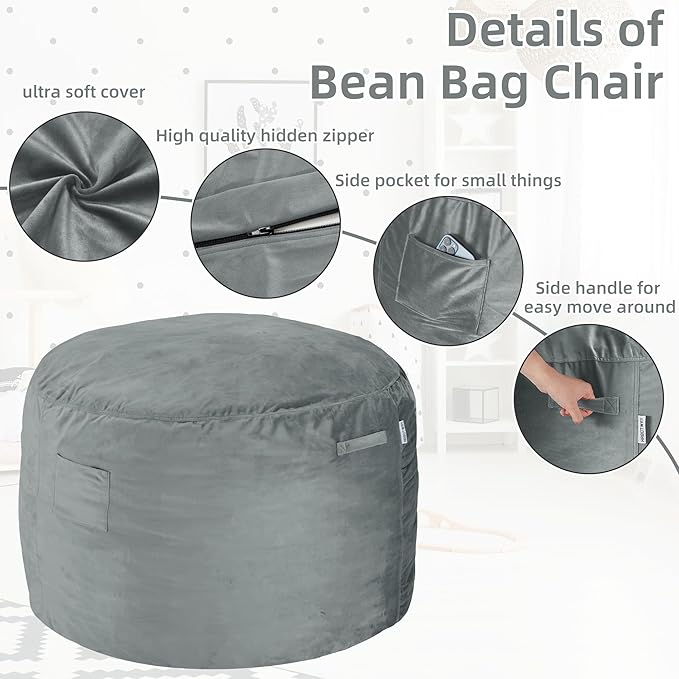 HABUTWAY Bean Bag Chair 3Ft Luxurious Velvet Ultra Soft Fur with High Rebound Memory Foam Bean Bag Chairs for Adults Plush Lazy Sofa with Fluffy Sponge 3' (Light Grey)