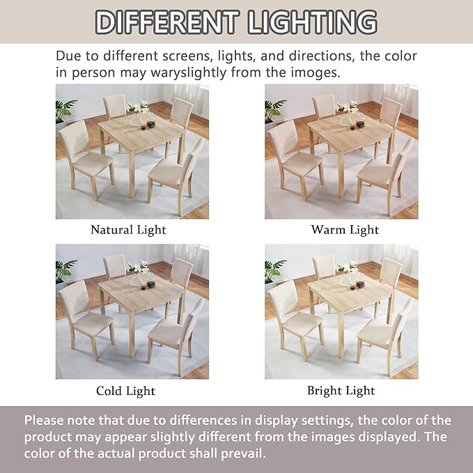 Ball & Cast 5 Piece Dining Table Set with 4 Upholstered Chairs,Wooden Living Room Furniture W/ 34.5" Square Kitchen Desk & Backrest Chair,for Small Space,Dining Room,Liaght Oak & Beige