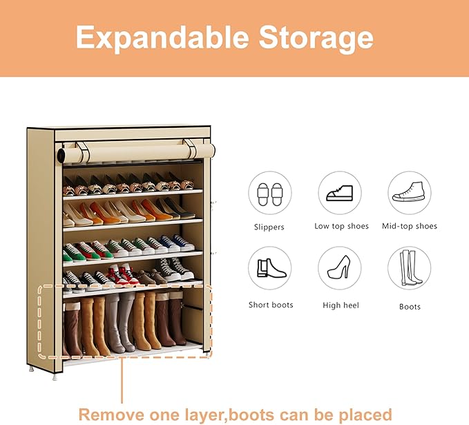 Calmootey 7 Tier Shoe Rack Organizer to Hold 35 Pairs, Portable Shoe Shelf with Nonwoven Fabric Cover for Closet Hallway, Bedroom, Entryway, Beige