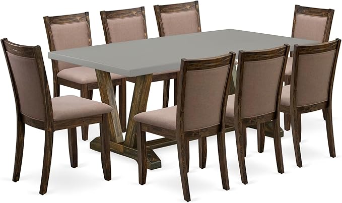East West Furniture V797MZ748-9 9 Piece Modern Dining Table Set Includes a Rectangle Wooden Table with V-Legs and 8 Coffee Linen Fabric Parson Dining Chairs, 40x72 Inch, Multi-Color