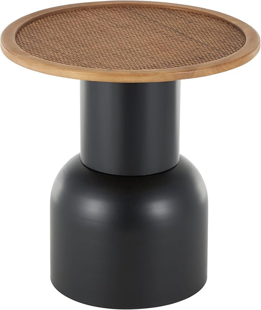 Deco 79 Metal Handmade Side End Accent Table Pedestal End Table with Brown Rattan Tabletop, Side Table 19" x 19" x 20", Black