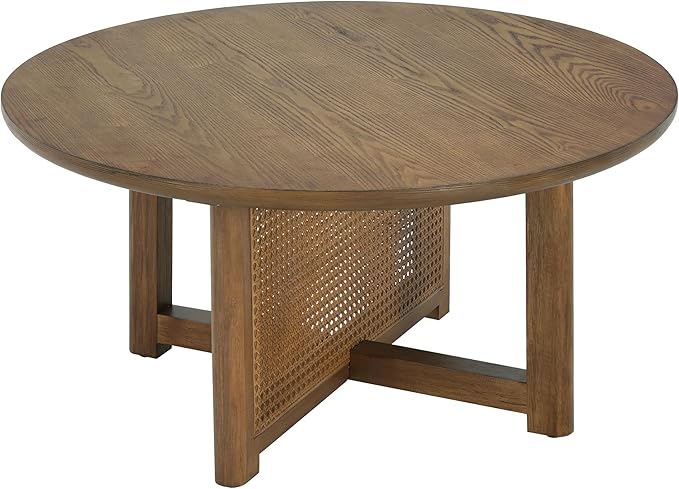 Christopher Knight Home Kiaya Round Coffee Table with PE Woven Design, Wood Coffee Tables for Living Room, Stylish Indoor Round Table, Easy Assembly, Versatile Living Room Furniture, Natural Brown