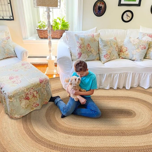 Homespice Cookie Dough Farmhouse Area Rugs 8x10' - Jute Braided Country Rugs for Bedroom and Living Room
