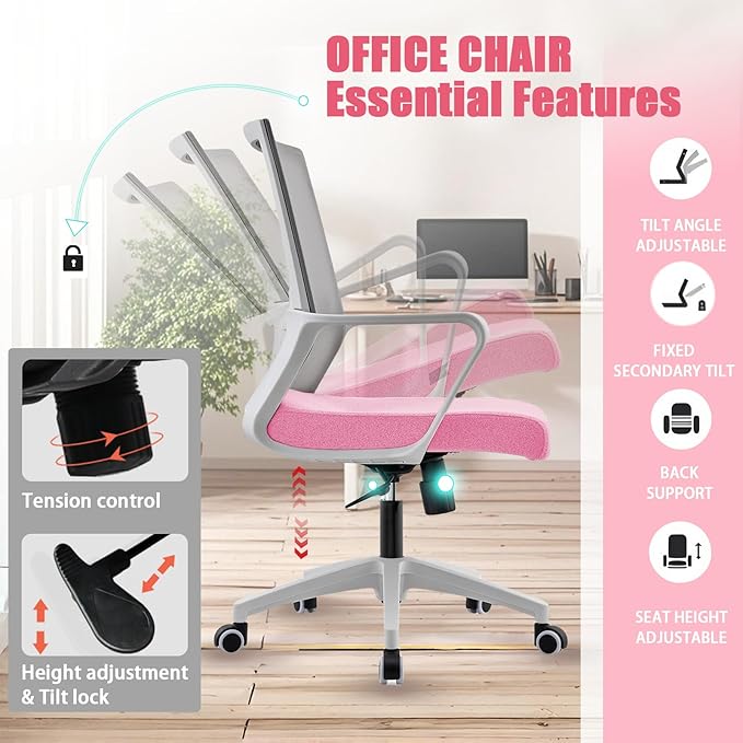 Office Chair ergonomically Designed with Breathable mesh backrest and Lumbar Support Adjustable Height Suitable for Offices Homes bedrooms Study Rooms Pink