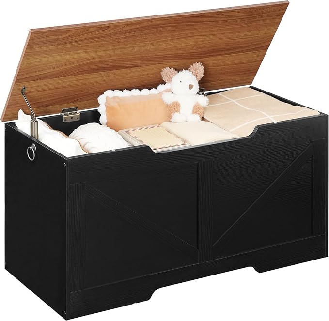 HOOBRO Storage Bench, 39.4" Retro Wooden Storage Chest with U-Shaped Cut-Out Pull, Safety Hinge, Supports 220 lb and Easy Assembly for Toy Box Organizer (Black and Walnut) BH771CW01