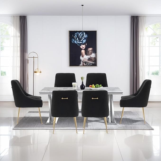 Dining Chairs Medieval Modern Restaurant Chairs, Soft Cushions, Teddy Velvet, Polished Gold Metal Legs, Kitchen Chairs, Living Room Black 2-Piece Set