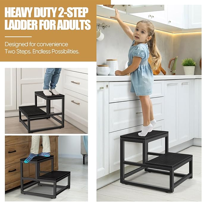 Wood and Metal 2 Step Stool for Adults & Kids – Heavy Duty Rustic Step Stools, 500 Lbs Capacity Non-Slip Stepping Stool for High Beds, Kitchen, Bathroom, Closet, Durable Foot Stool for Home Use,Black