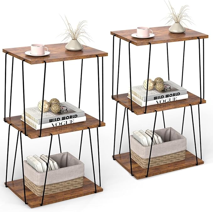 Side Table Set of 2, Tall End Table, Small Accent Table, Bedside Table for Living Room, Bedroom, Rustic Brown & Black
