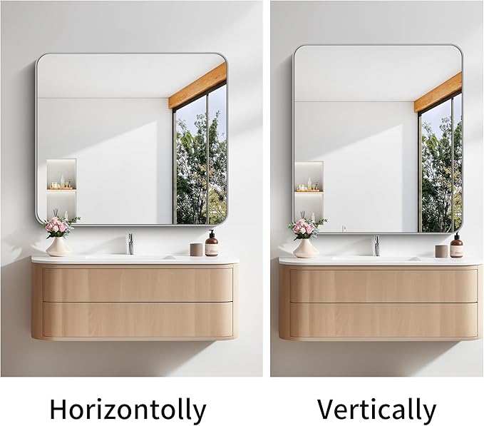 FORBATH 40x36 Inch Silver Bathroom Mirror for Over Sink, Large Rectangular Wall Mirror with Metal Frame, Rounded Corners for Bathroom, Bedroom, Entryway Decor (Horizontal or Vertical)
