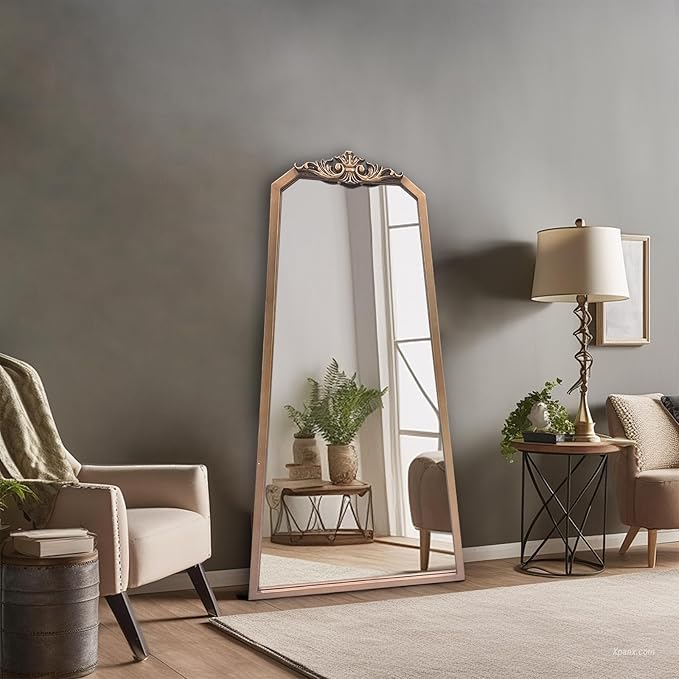 POZINO Brass Vintage Mirror,47.2"x 24" Arched Decorative Wall Mirror with Metal Frame, Ornate Gold Crown Molding, Traditional Antique Trapezoid Mirrors for Entryway Fireplace Living Room Bathroom