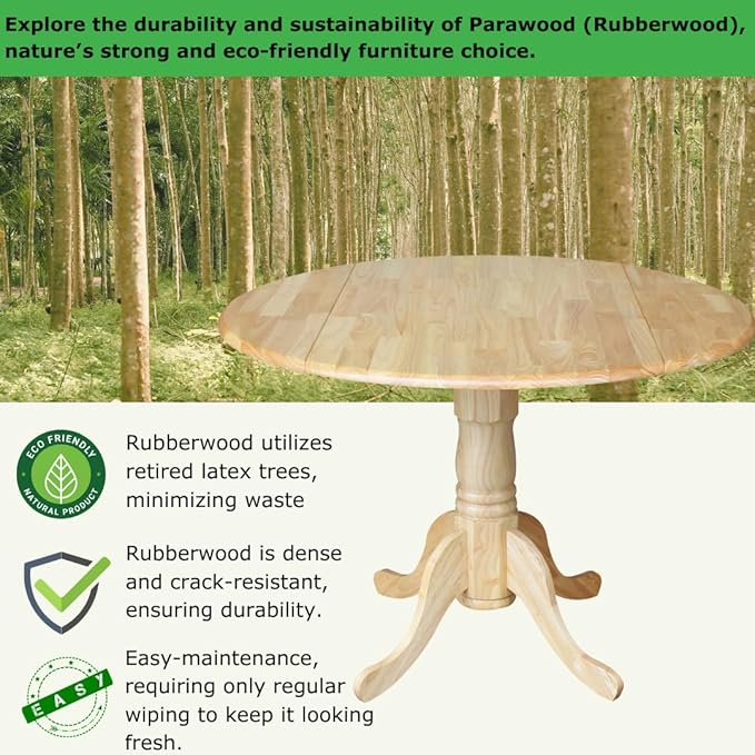 IC International Concepts, 42" Round Dual Drop Leaf Pedestal Dining Table, Solid Real Wood, Sturdy Parawood, Natural