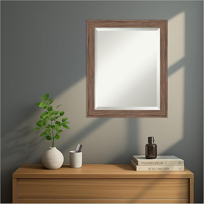 Amanti Art Brown Wall Mirror 23x19 Pia Medium Brown Narrow Rectangle Bathroom Mirror for Wall Decor Living Room, Small Casual Frame, Hangs Horizonally and Vertically, Bathroom Decor, Beveled Edge
