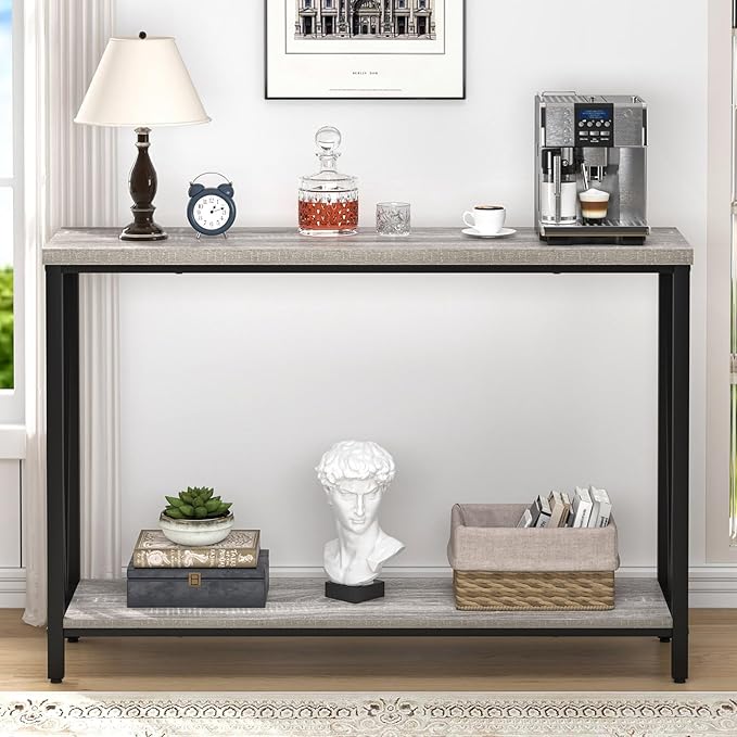 FOLUBAN Industrial Sofa Console Table, Rustic Wood and Metal Entryway Hallway Table for Living Room Entrance, 43.3 Inch Light Grey