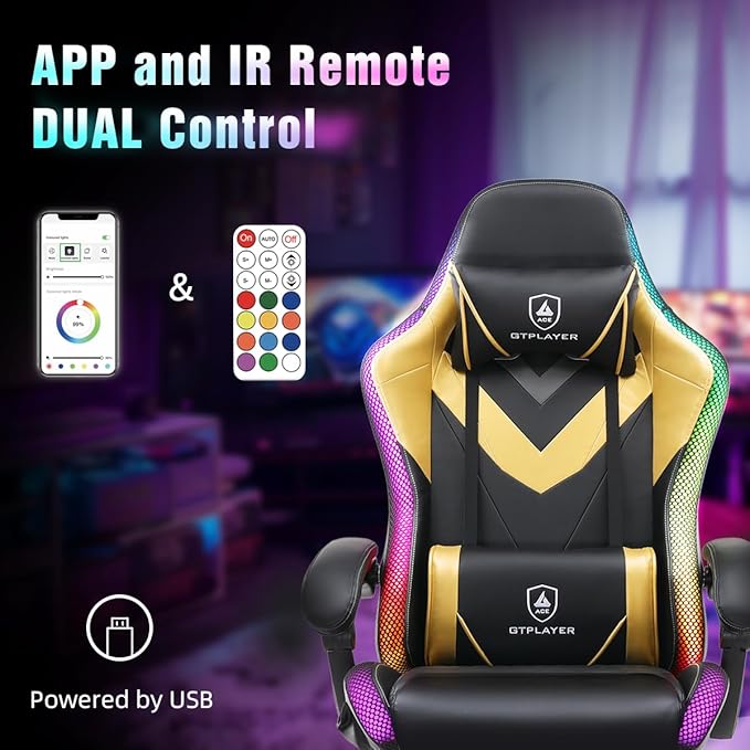 GTPLAYER Gaming Chair, RGB Gaming Chairs with LED Lights, Video Gaming Chair for Adults, Ergonomic Computer Gaming Chair with Linkage Armrest, Reclining Chair with Headrest (Without Massage, Yellow)