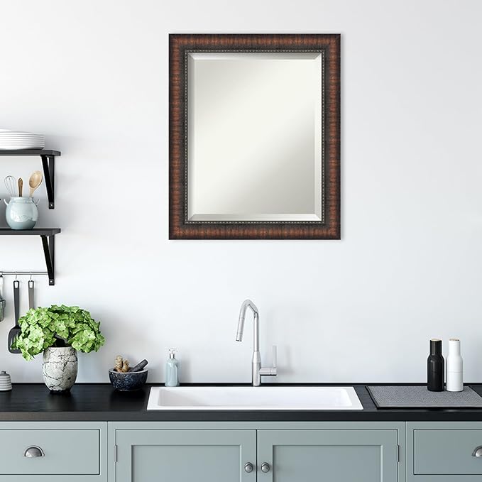 Amanti Art Brown Bathroom Mirror for Over Sink, 24x20 Caleb Brown Rectangle Vanity Mirror, Small Rustic Farmhouse Frame, Hangs Horizonally and Vertically, Bathroom Wall Decor, Beveled Edge