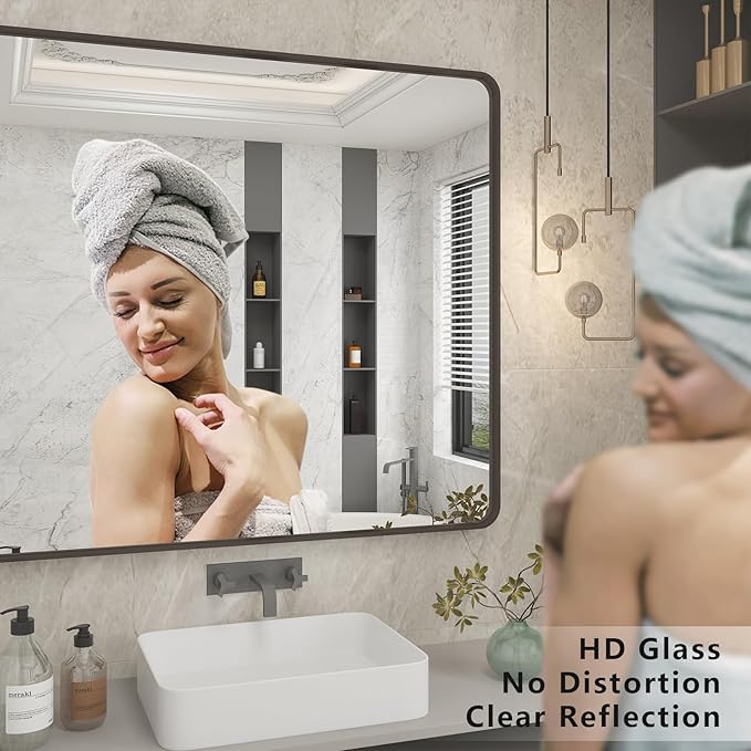 30x36 Bronze Bathroom Wall Mirror, Modern Brushed Metal Framed Mirror for Vanity, Modern Rounded Rectangle Mirror, Anti-Rust, Tempered Shatterproof (Horizontal/Vertical)