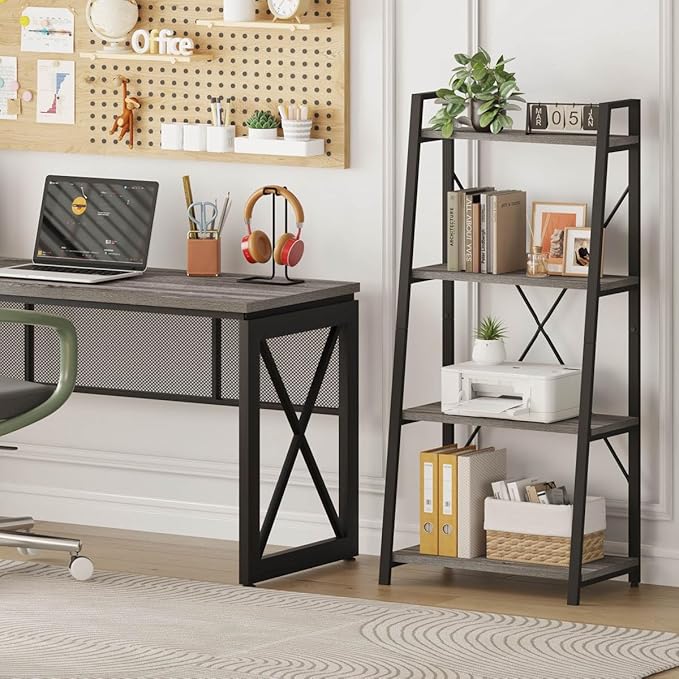 BON AUGURE Ladder Bookshelf, 4 Tier Ladder Shelf Bookcase, Wood Leaning Book Shelves for Living Room, Bedroom, Home Office Shelving Unit (Dark Grey Oak)