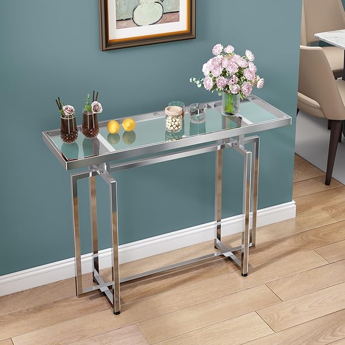 ASYA Glass Console Table for Entryway, Modern Entryway Table with Tempered Glass & Chrome Frame, Silver Sofa Table for Living Room Hallway