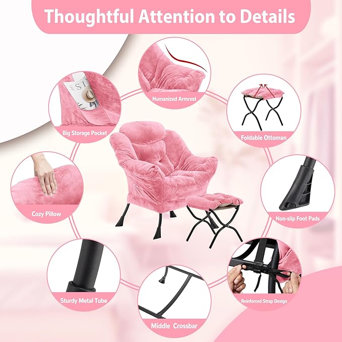 Lazy Chair with Folding Ottoman, Accent Chair Plush Upholstered with Metal Structure and Non-Slip Pads, Sofa Armchair with Footrest and Side Storage Bag for Dorm, Room, Office, Pink