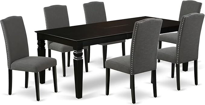East West Furniture LGEN7-BLK-20 7 Piece Kitchen Table Set Consist of a Rectangle Dining Table with Butterfly Leaf and 6 Dark Gotham Linen Fabric Parson Chairs, 42x84 Inch, Black