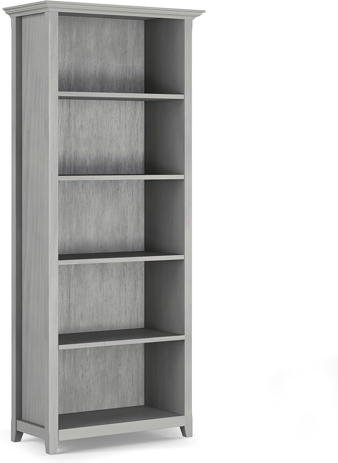 SIMPLIHOME Amherst Bookcase - 70 inch Tall 5-Shelf Solid Wood Bookshelf in Fog Grey, Transitional Storage for Living Room, Study Room or Office with Adjustable Shelves and Tapered Legs
