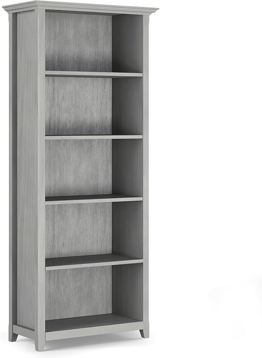 SIMPLIHOME Amherst Bookcase - 70 inch Tall 5-Shelf Solid Wood Bookshelf in Fog Grey, Transitional Storage for Living Room, Study Room or Office with Adjustable Shelves and Tapered Legs