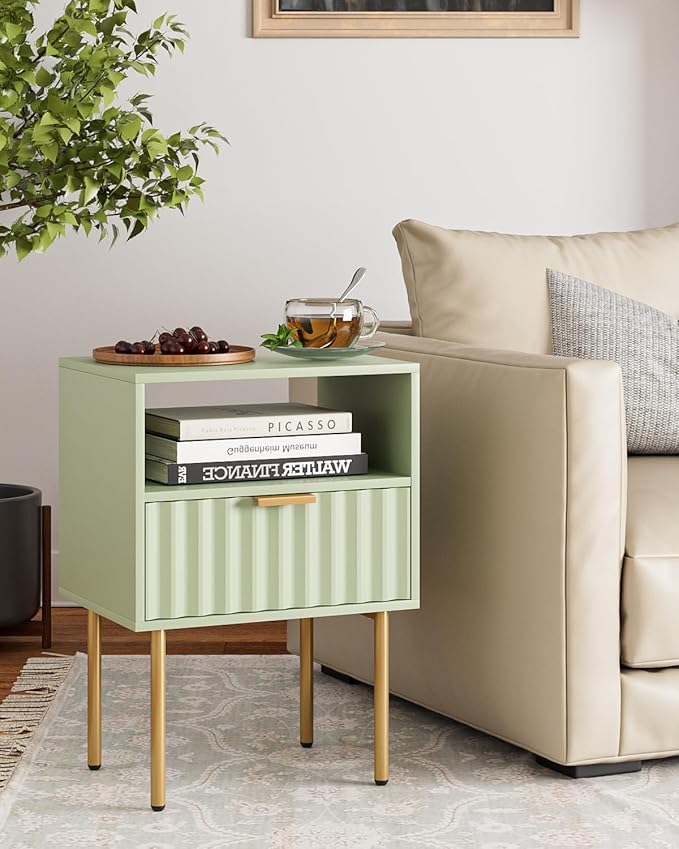 Nightstand,Modern Bedside Table with Gold Frame,Green Night Stand,Bedside Furniture, Modern Side Table with Drawer and Shelf for Bedroom,Living Room (Green)