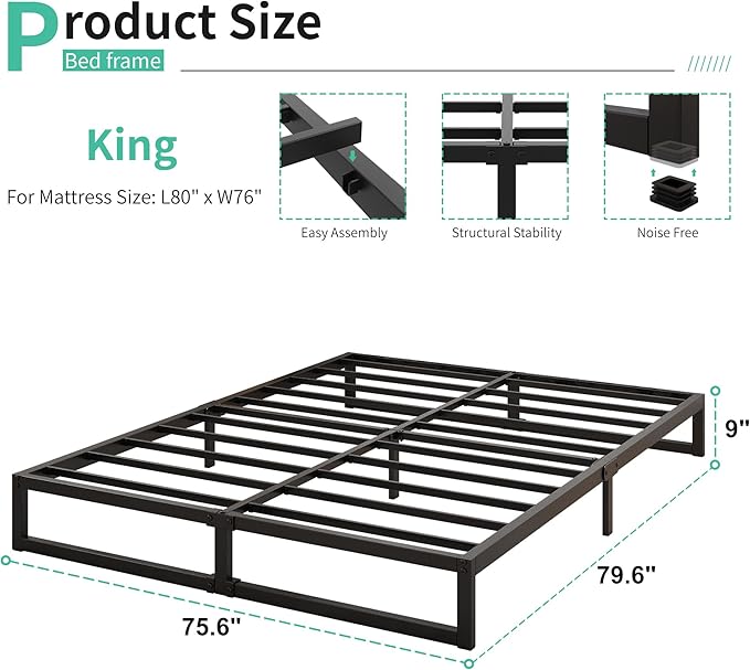 9 Inch King Bed Frame Sturdy Mattress Foundation, Heavy Duty Metal Platform with Steel Slats Support No Box Spring Needed, Noise Free, Easy Assembly, Black