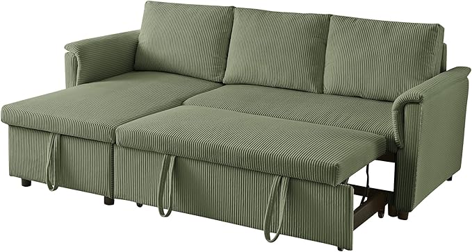 Ball & Cast Reversible Sectional Sofa Couch,L-Shape Sleeper Sofa Bed with Storage Chaise Pull Out Couch for Living Room | Hidden Storage | Pull Out Bed | Removable Backrest | Corduroy Fabric,Green