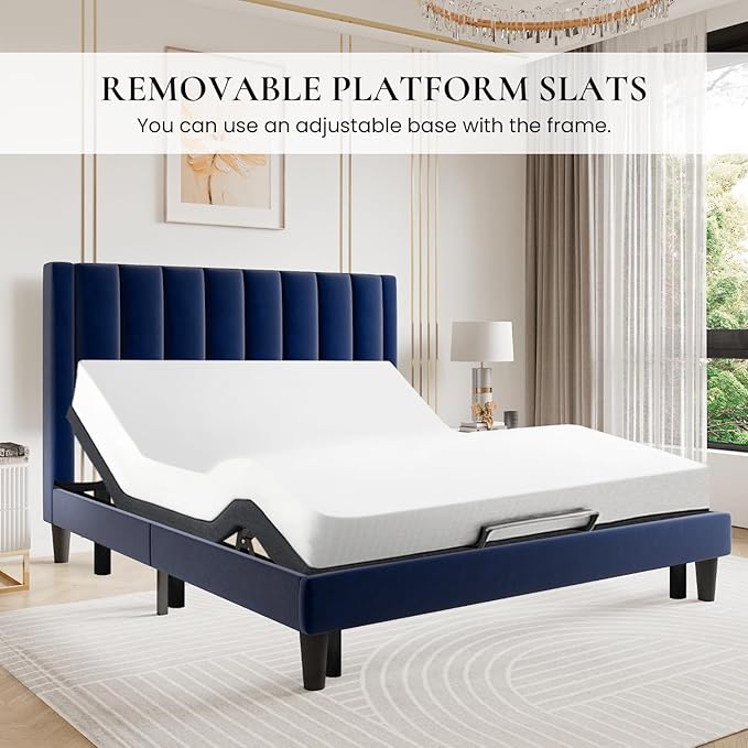 SHA CERLIN Twin Bed Frame/Velvet Upholstered Platform Bed Frame with Headboard/Strong Wood Slats Support/Mattress Foundation/No Box Spring Needed - Dark Blue