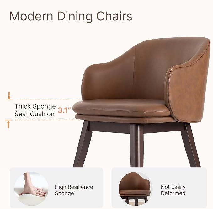 Wooden Dining Chairs Set of 2, Faux Leather Upholstered Modern Dining Room Chairs with Barrel Backrest & Double-Layer Thick Cushion for Living Room, Restaurant, Kitchen and Café, Brown