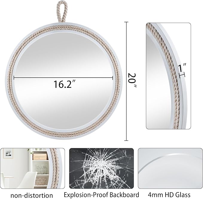 Nautical Round Wall Mirror with Rope 20'' White Circle Hanging Mirror Nursery Coastal Beachy Wall Mirror Decorative Mirror for Bathroom,Livingroom,Entryway-Nautical Theme Décor