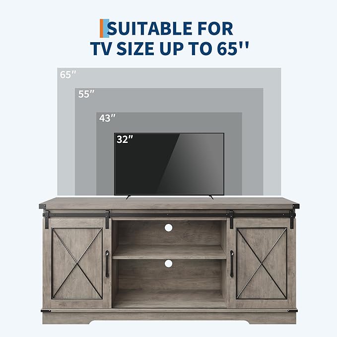 GarveeHome Farmhouse TV Stand for TV up to 65 Inches and Entertainment Center with Sliding Barn Doors and Adjustable Shelf, Tv Media Console Table with Storage Cabinet for Living Room, Bedroom, Grey