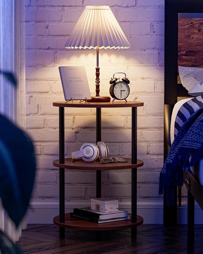 Small Round End Table - 3 Tier Design Accent Table, Narrow Side or Bedside Stand, Industrial Vintage Nightstand for Bedroom, Living Room, or Small Spaces, Rustic Walnut