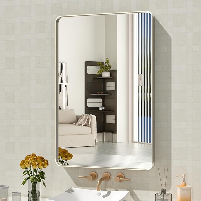 WEER 20X30 Inch Brushed Nickel Bathroom Mirror, Brushed Silver Metal Frame Mirror, Rounded Rectangle Silver Bathroom Vanity Mirror, Tempered Glass, Anti-Rust, Hangs Horizontally or Vertically