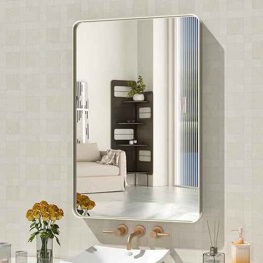 WEER 20X30 Inch Brushed Nickel Bathroom Mirror, Brushed Silver Metal Frame Mirror, Rounded Rectangle Silver Bathroom Vanity Mirror, Tempered Glass, Anti-Rust, Hangs Horizontally or Vertically