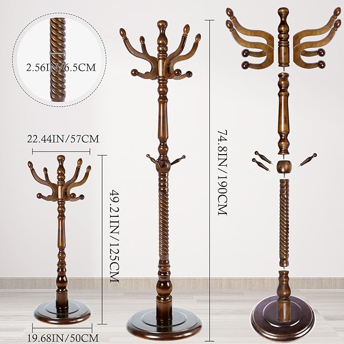 Coat Rack Stand, Solid Wooden Coat Tree with 11 Hooks, Heavy Duty Coat Rack Freestanding with Sturdy Round Base, Natural Birch Wood Coat Hanger Stand for Entryway Bedroom (brown circular)