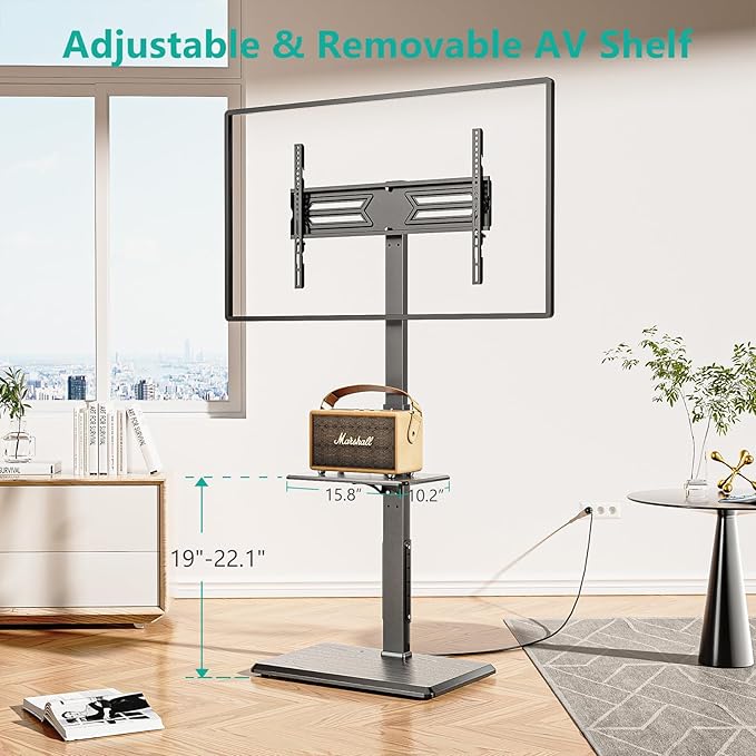 WALI Floor TV Stand with Power Outlet & AV Shelf, Tall TV Stand Mount for 32-75 inch TV up to 110 lbs, Swivel and Height Adjustable TV Stands with Wood Base for Bedroom, Office(TVDVD-6P), Black