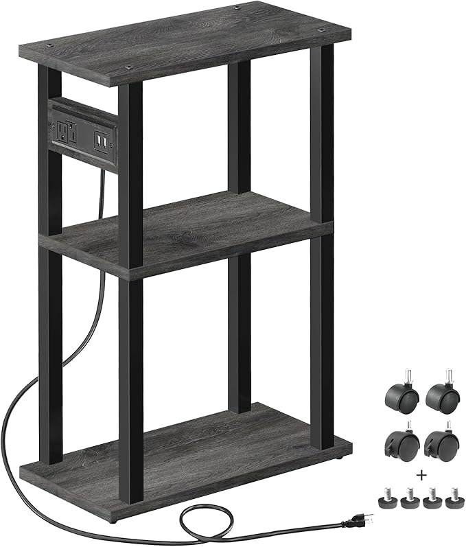 TUTOTAK Small Narrow Side Table with Charging Station, Skinny End Table for Small Spaces, Slim Nightstand with USB Ports and Outlet, Sofa Beside Table with Wheels, Charcoal Grey TB01BY046