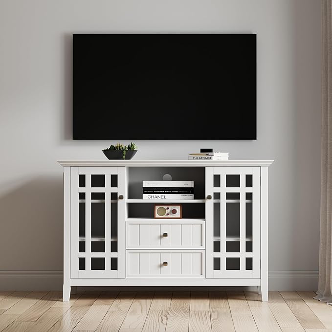 SIMPLIHOME Bedford SOLID WOOD 53 inch Wide Transitional TV Media Stand in White For TVs up to 60 inches for the Living Room and Entertainment Center