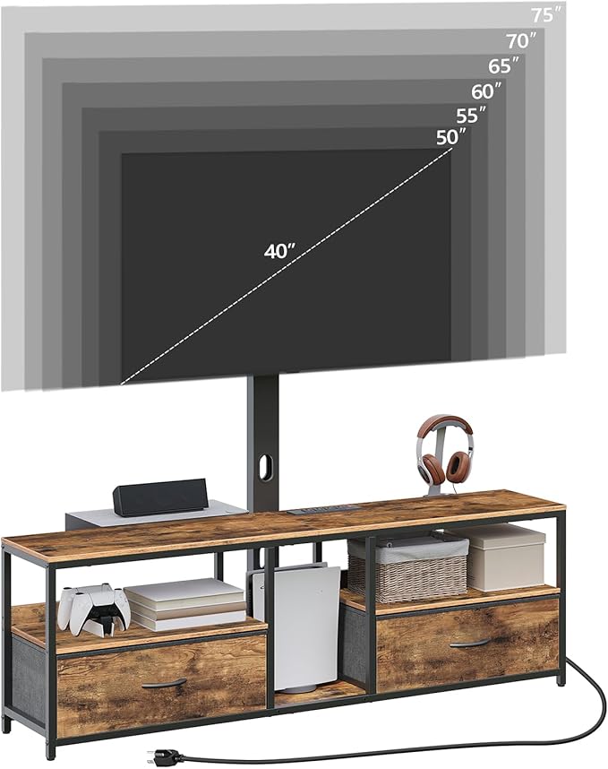 TV Stand with Mount for up to 75", Entertainment Center with Switch-Controlled Charging Station, Swivel TV Stand Mount with Fabric Drawers, for Living Room, Rustic Brown TVHR154E01N1