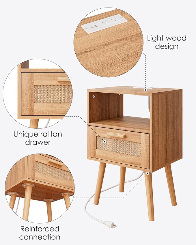 Rattan Nightstand with Charging Station, Small Night Stand, Side Table with Drawer Open Shelf, Cane Accent Bedside End Table with Wood Legs, Modern Nightstand for Bedroom, Oak (Modern)