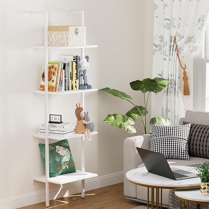 Ladder Shelf 4 Tiers Metal Industrial Bookshelf,White Wooden Tall Open Storage Rack and Display Shelves,Wall Mount Wide Bookcase for Home Office Bedroom,Small