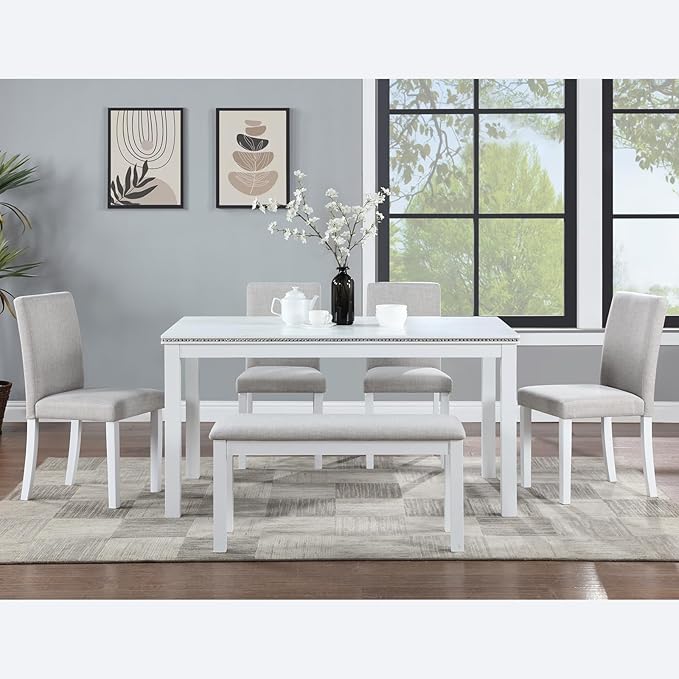 KEIKI 6-Piece Standard Height Dining Table Set with Rectangular Table, 4 Upholstered Chair, Bench, for 6 Person, Modern Crystal Decoration Table Set, Easy Assembly, for Kitchen, Dining Room, White